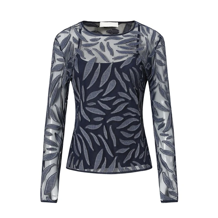 Blue Long Sleeve Blouse With Leaf Pattern