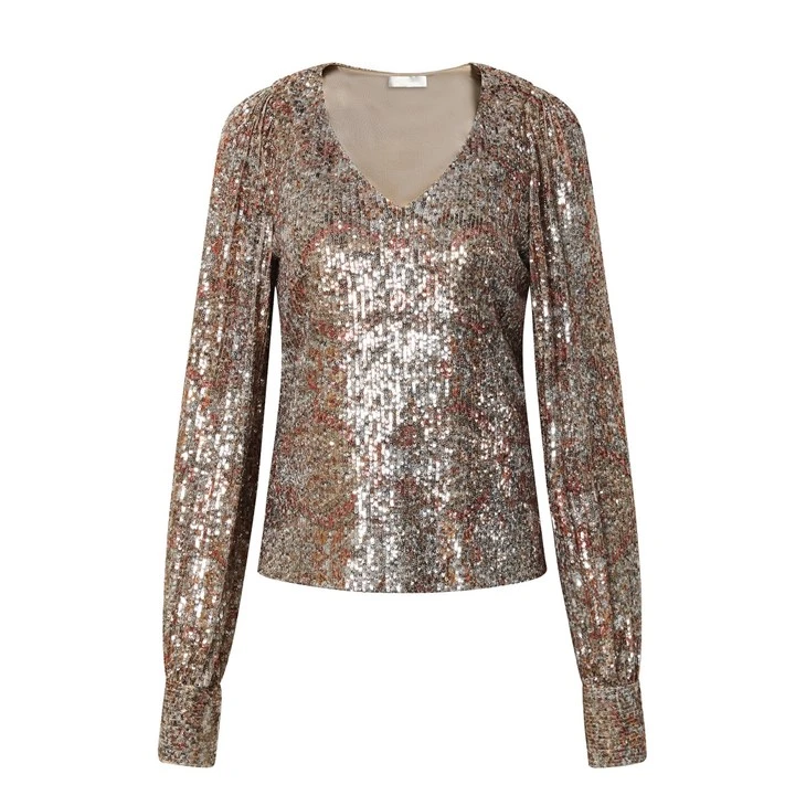 Sequined Long Sleeve V-neck Top