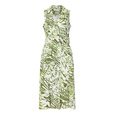 Green Print Long Dress with Belted